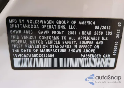 2013 Volkswagen Passat 3.6L V6 Sel Premium из США, поврежденный, VIN 1VWCM7A38DC042386